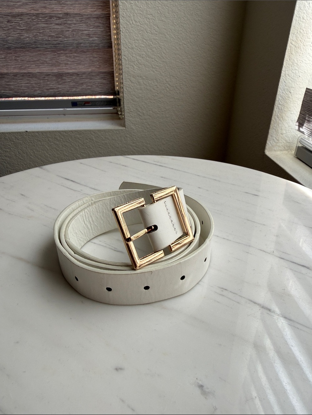 Classic White Leather Belt with Gold Square Buckle